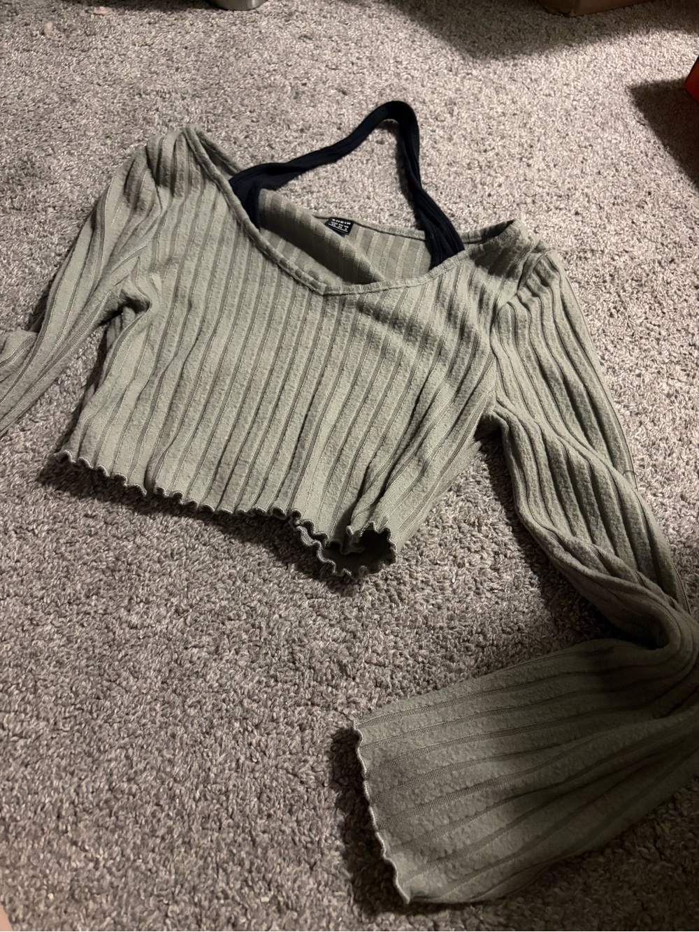 SHEIN Sage Green Ribbed Off-Shoulder Cropped Sweater